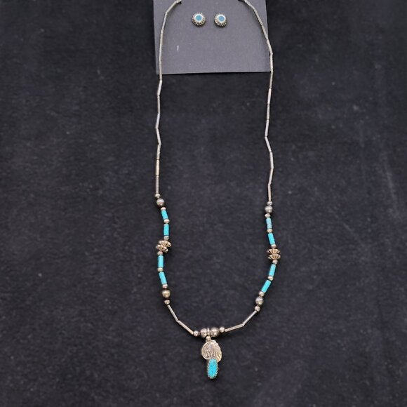Vintage Turquoise & Sterling Necklace & Earring Set - Picture 2 of 6